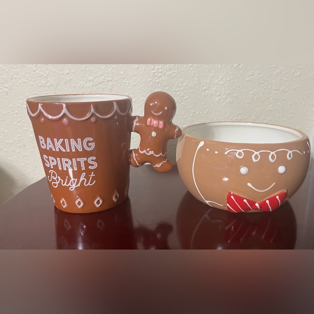 Peppermint Festive Gingerbread Mug and Bowl Set - Brown and White